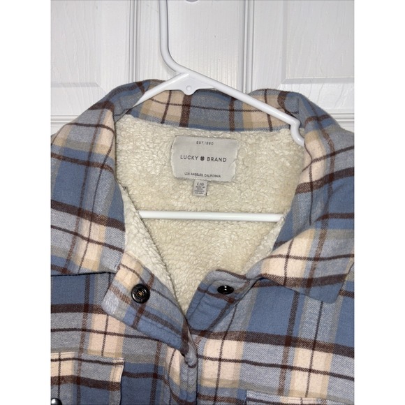 Lucky Brand Women's Size L Plaid Flannel Sherpa Lined Shacket Jacket Blue - Picture 2 of 5